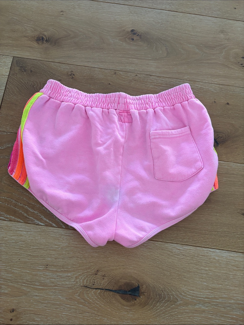 Aviator Nation neon Pink Athletic Shorts with Rainbow Side Stripes - Picture 5 of 7